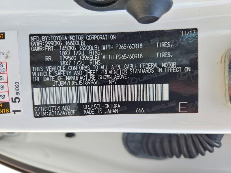2018 Lexus Gx მანქანა იყიდება აუქციონზე, vin: JTJBM7FX5J5189966, აუქციონის ნომერი: 55544206