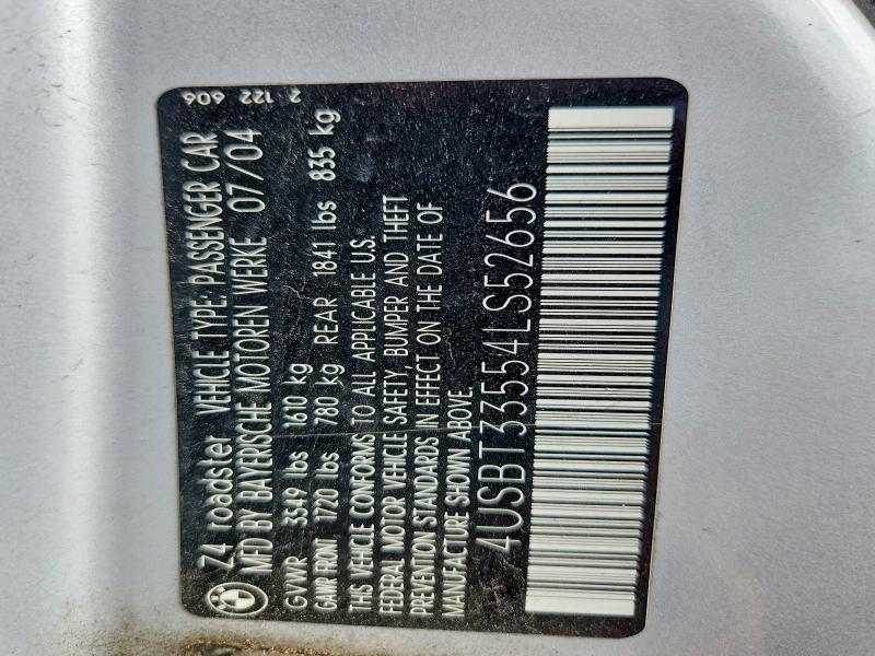 55314536 :رقم المزاد ، 4USBT33554LS52656 vin ، 2004 Bmw Z4 مزاد بيع