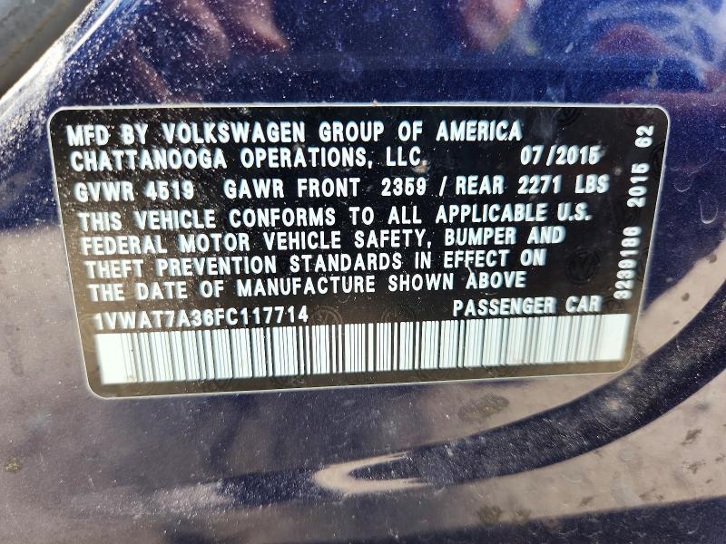 2015 Volkswagen Passat მანქანა იყიდება აუქციონზე, vin: 1VWAT7A36FC117714, აუქციონის ნომერი: 54955986