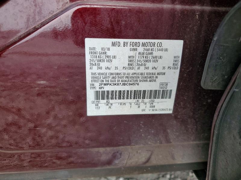 57328036 :رقم المزاد ، 2FMPK3K87JBC04576 vin ، 2018 Ford Edge مزاد بيع
