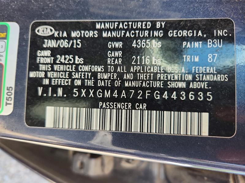 2015 Kia Optima მანქანა იყიდება აუქციონზე, vin: 5XXGM4A72FG443635, აუქციონის ნომერი: 57940686