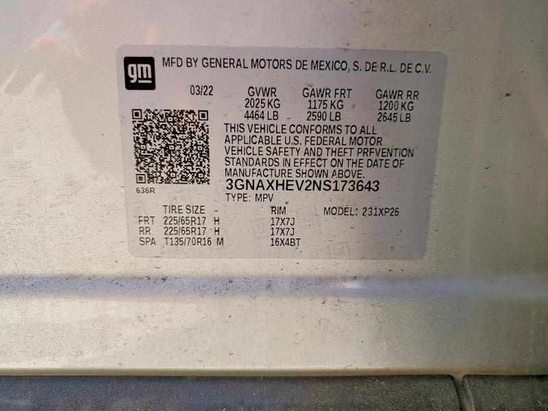 Aukcja sprzedaży 2022 Chevrolet Equinox, vin: 3GNAXHEV2NS173643, numer aukcji: 57554866