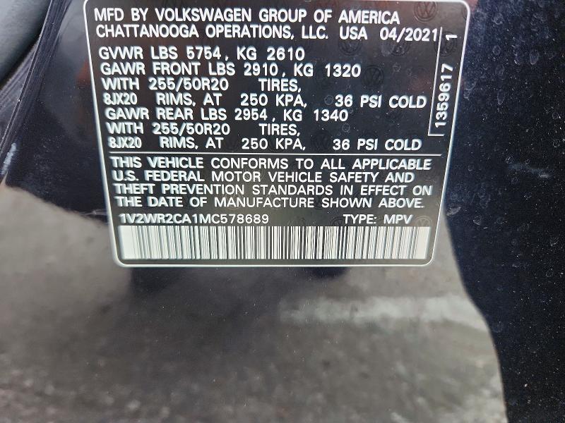Aukcja sprzedaży 2021 Volkswagen Atlas, vin: 1V2WR2CA1MC578689, numer aukcji: 59160826