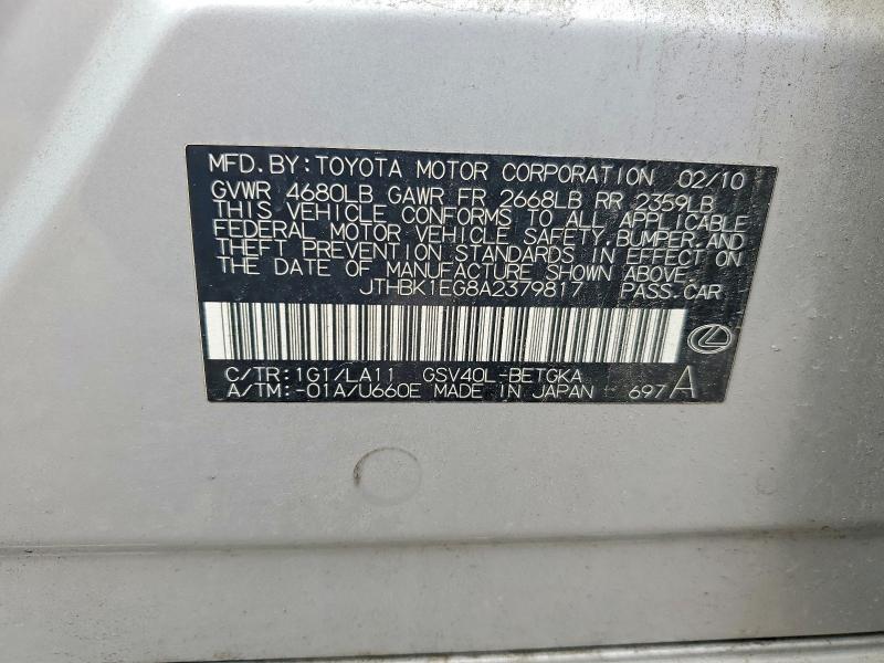 Продажа на аукционе авто 2010 Lexus Es, vin: JTHBK1EG8A2379817, номер лота: 59137306