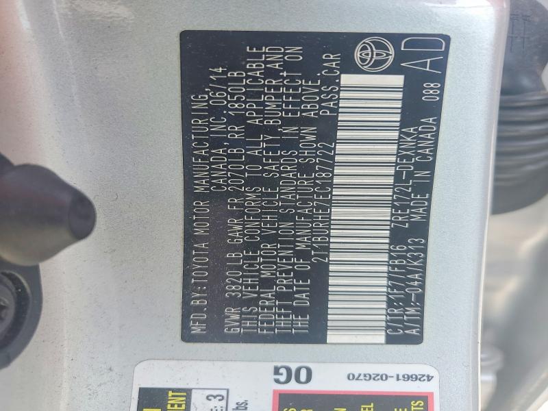 2014 Toyota Corolla მანქანა იყიდება აუქციონზე, vin: 2T1BURHE7EC187722, აუქციონის ნომერი: 56611116