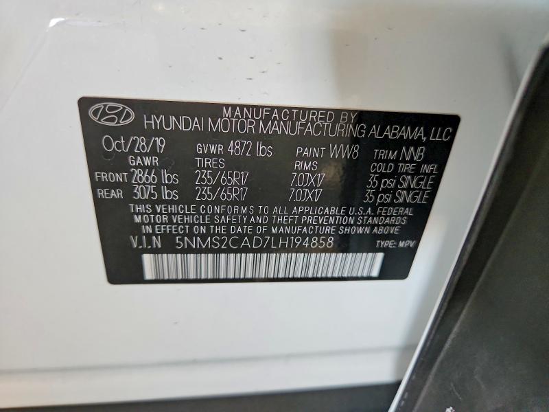 Aukcja sprzedaży 2020 Hyundai Santa Fe, vin: 5NMS2CAD7LH194858, numer aukcji: 59002806