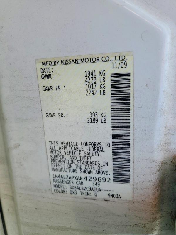 2010 Nissan Altima მანქანა იყიდება აუქციონზე, vin: 1N4AL2APXAN429692, აუქციონის ნომერი: 54532056