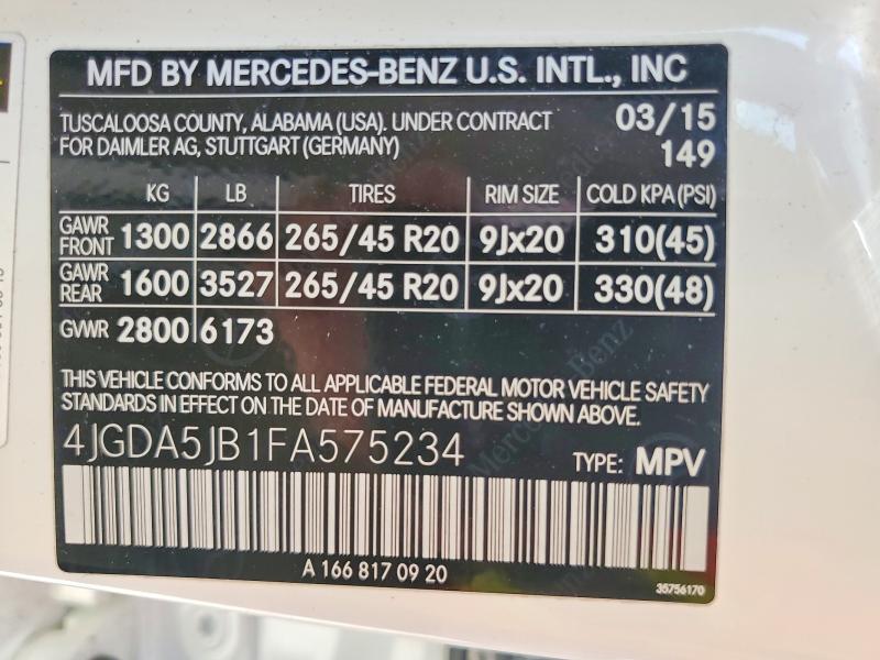 Продаж на аукціоні авто 2015 Mercedes-benz Ml, vin: 4JGDA5JB1FA575234, номер лоту: 56941716