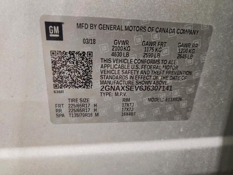 58901226 :رقم المزاد ، 2GNAXSEV6J6307141 vin ، 2018 Chevrolet Equinox مزاد بيع