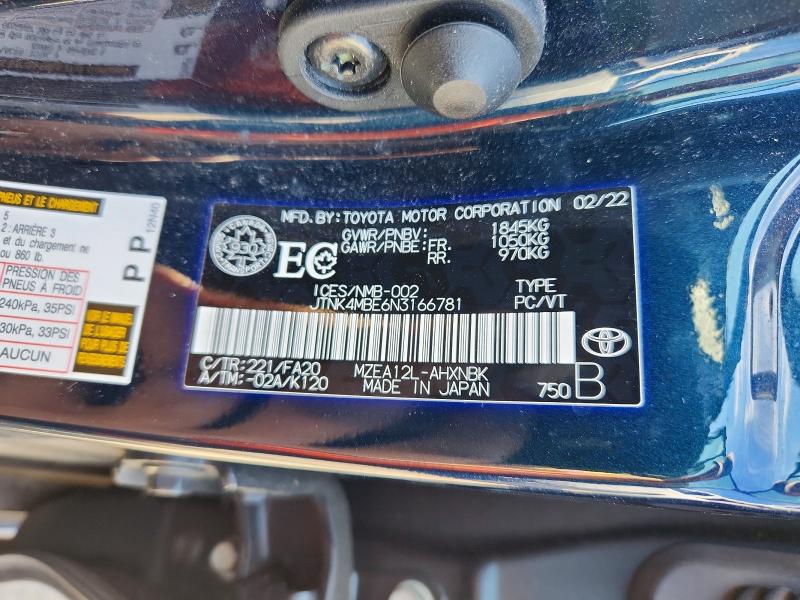 56829886 :رقم المزاد ، JTNK4MBE6N3166781 vin ، 2022 Toyota Corolla مزاد بيع