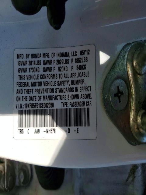 Aukcja sprzedaży 2012 Honda Civic, vin: 19XFB5F51CE002050, numer aukcji: 85452605