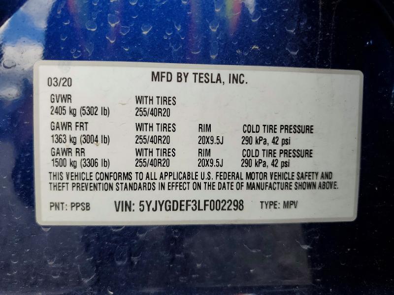 56542986 :رقم المزاد ، 5YJYGDEF3LF002298 vin ، 2020 Tesla Model Y مزاد بيع