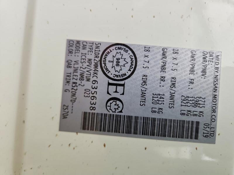 2019 Nissan Pathfinder მანქანა იყიდება აუქციონზე, vin: 5N1DR2MM4KC635638, აუქციონის ნომერი: 58268246