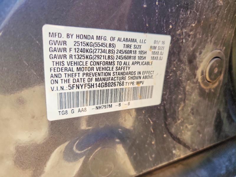2016 Honda Pilot მანქანა იყიდება აუქციონზე, vin: 5FNYF5H14GB026768, აუქციონის ნომერი: 57145206