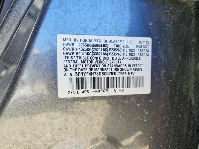 58439886 :رقم المزاد ، 5FNYF4H78DB052610 vin ، 2013 Honda Pilot مزاد بيع