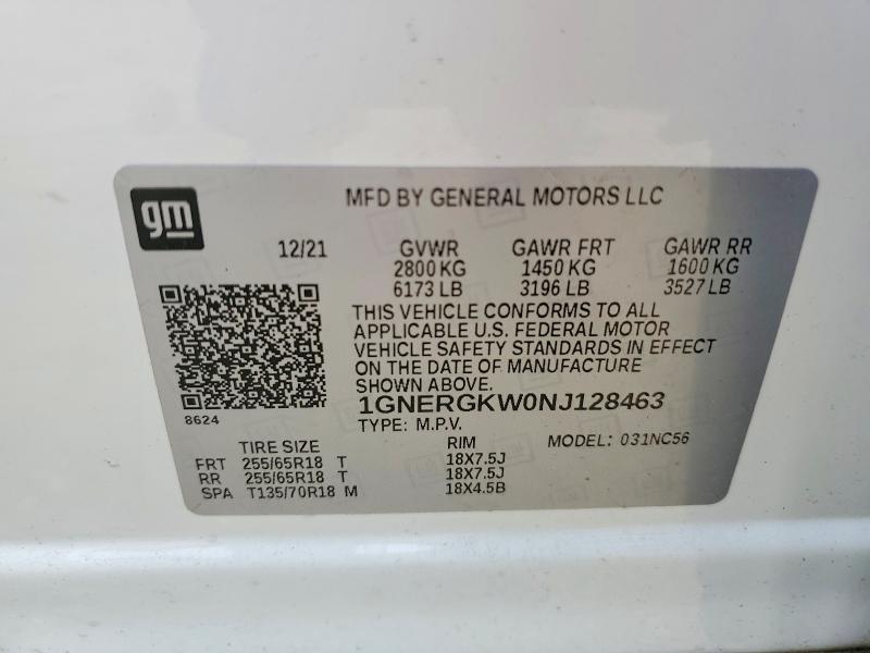 56945706 :رقم المزاد ، 1GNERGKW0NJ128463 vin ، 2022 Chevrolet Traverse مزاد بيع
