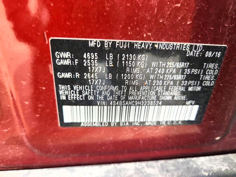 2017 Subaru Outback მანქანა იყიდება აუქციონზე, vin: 4S4BSAHC9H3238524, აუქციონის ნომერი: 55398036