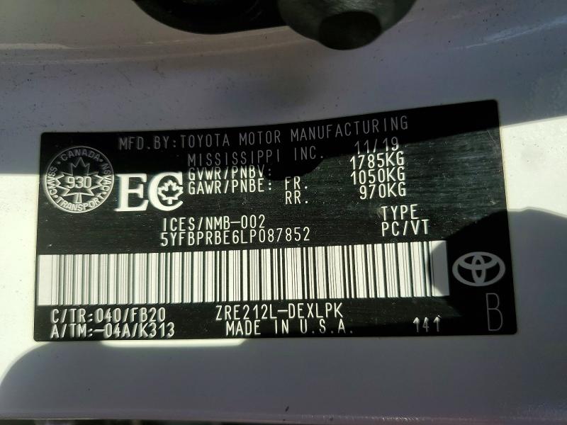 2020 Toyota Corolla მანქანა იყიდება აუქციონზე, vin: 5YFBPRBE6LP087852, აუქციონის ნომერი: 56516656