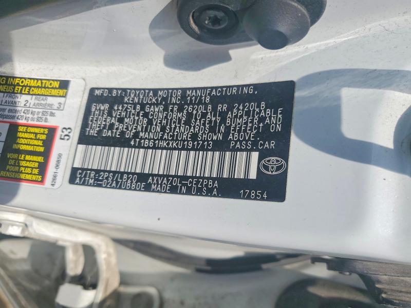 2019 Toyota Camry მანქანა იყიდება აუქციონზე, vin: 4T1B61HKXKU191713, აუქციონის ნომერი: 56077066