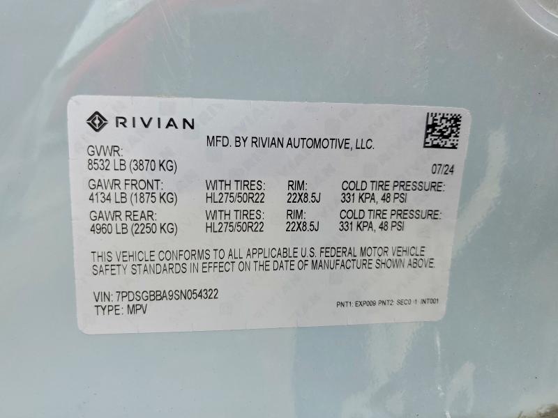 2025 Rivian R1s მანქანა იყიდება აუქციონზე, vin: 7PDSGBBA9SN054322, აუქციონის ნომერი: 57999646