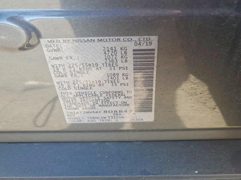 Продаж на аукціоні авто 2019 Nissan Rogue, vin: 5N1AT2MV6KC808847, номер лоту: 58713056