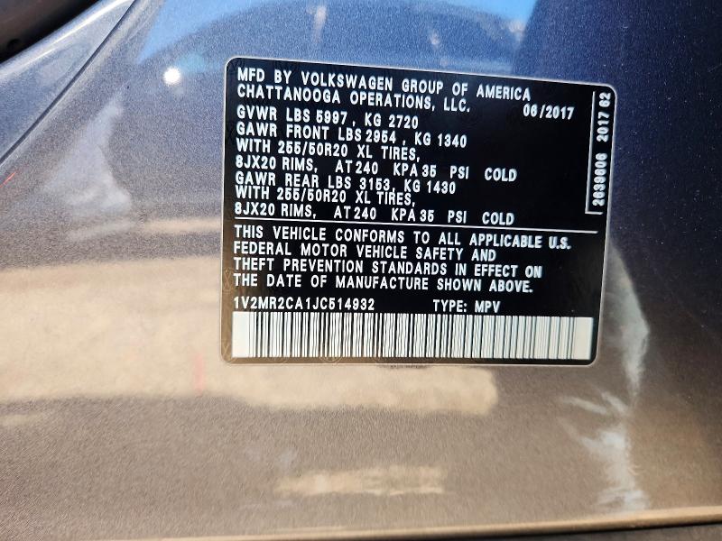 56371386 :رقم المزاد ، 1V2MR2CA1JC514932 vin ، 2018 Volkswagen Atlas مزاد بيع