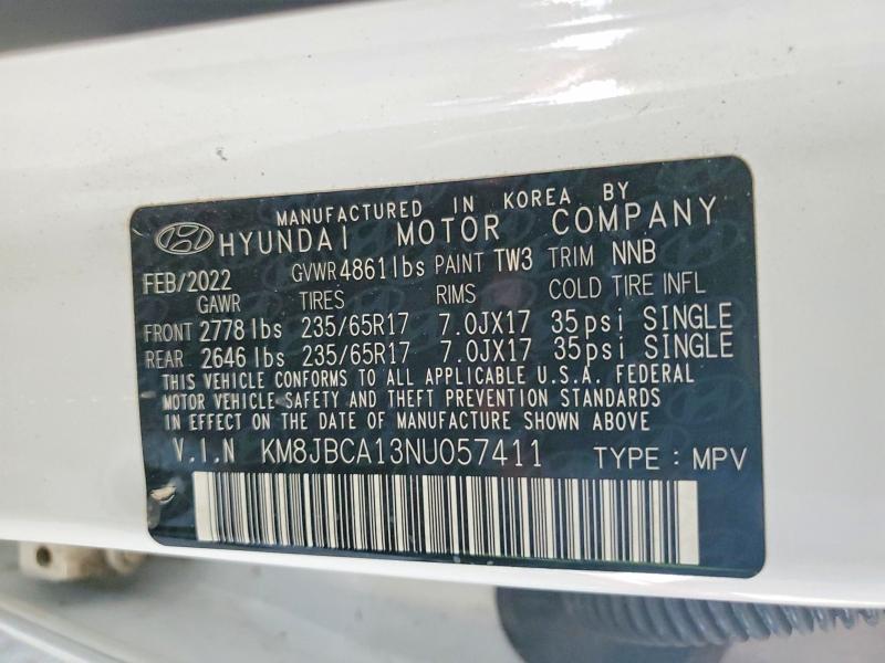 56874356 :رقم المزاد ، KM8JBCA13NU057411 vin ، 2022 Hyundai Tucson مزاد بيع
