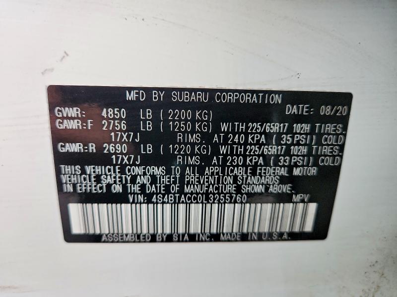 Продаж на аукціоні авто 2020 Subaru Outback, vin: 4S4BTACC0L3255760, номер лоту: 58522066