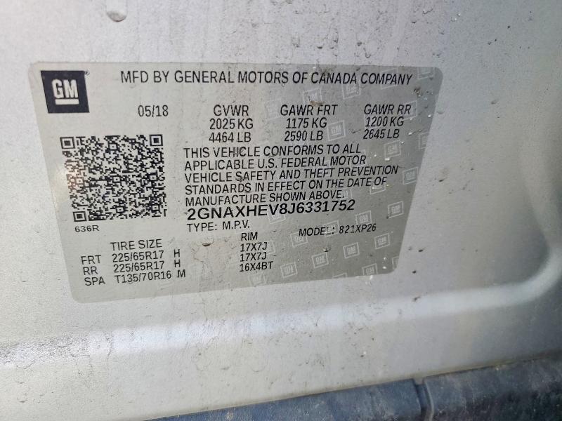 57139016 :رقم المزاد ، 2GNAXHEV8J6331752 vin ، 2018 Chevrolet Equinox مزاد بيع