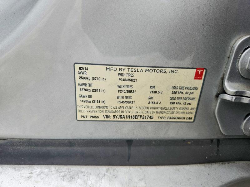 2014 Tesla Model S მანქანა იყიდება აუქციონზე, vin: 5YJSA1H18EFP31745, აუქციონის ნომერი: 57527766