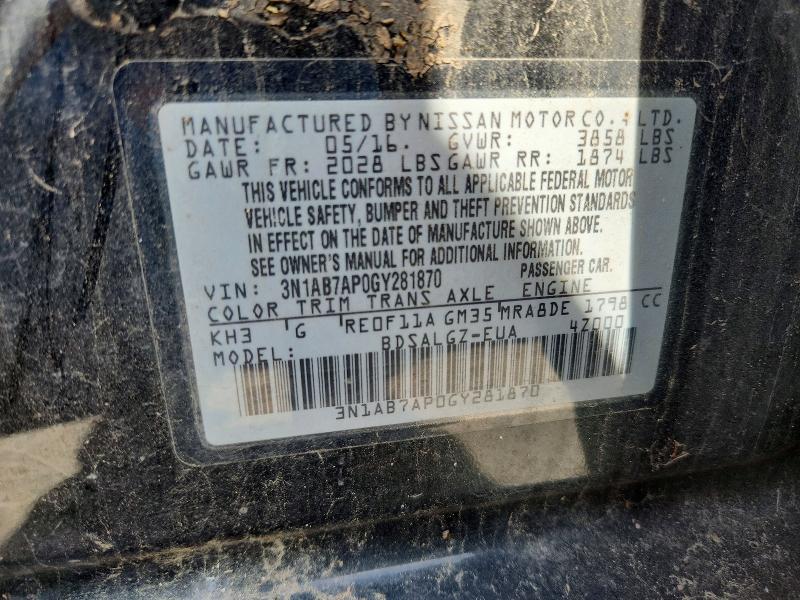 2016 Nissan Sentra მანქანა იყიდება აუქციონზე, vin: 3N1AB7AP0GY281870, აუქციონის ნომერი: 59016586