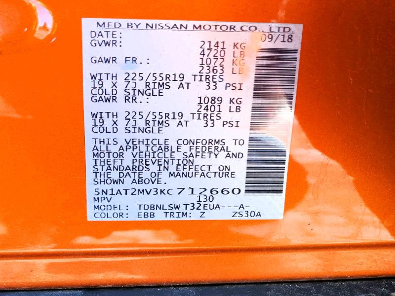 2019 Nissan Rogue მანქანა იყიდება აუქციონზე, vin: 5N1AT2MV3KC712660, აუქციონის ნომერი: 56775326