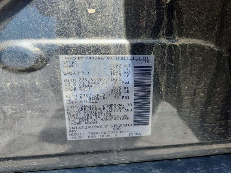 2019 Nissan Rogue მანქანა იყიდება აუქციონზე, vin: 5N1AT2MT9KC756290, აუქციონის ნომერი: 56055026
