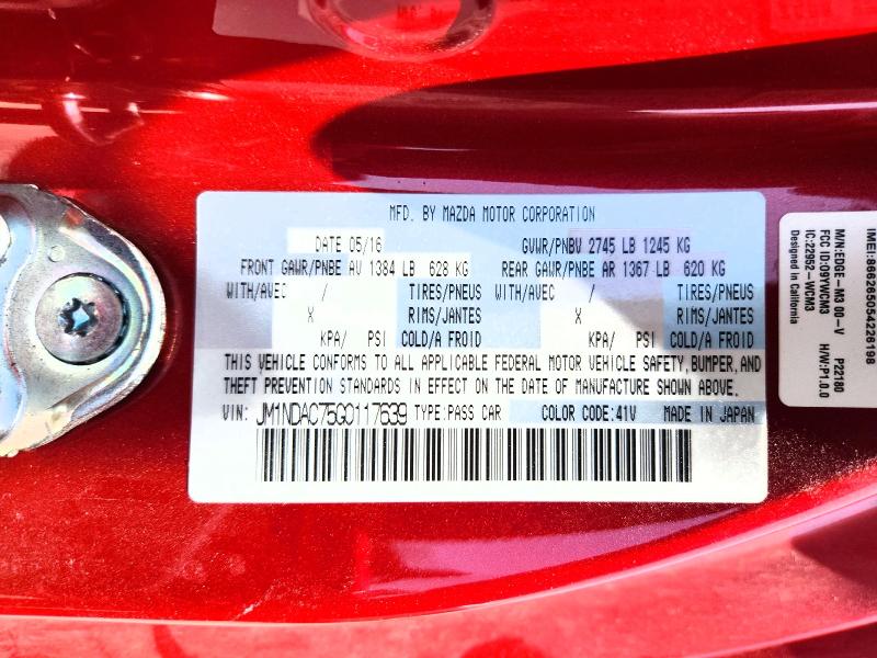 2016 Mazda Mx-5 Miata მანქანა იყიდება აუქციონზე, vin: JM1NDAC75G0117639, აუქციონის ნომერი: 59114146