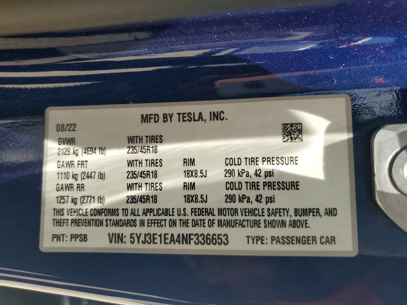 55512796 :رقم المزاد ، 5YJ3E1EA4NF336653 vin ، 2022 Tesla Model 3 مزاد بيع