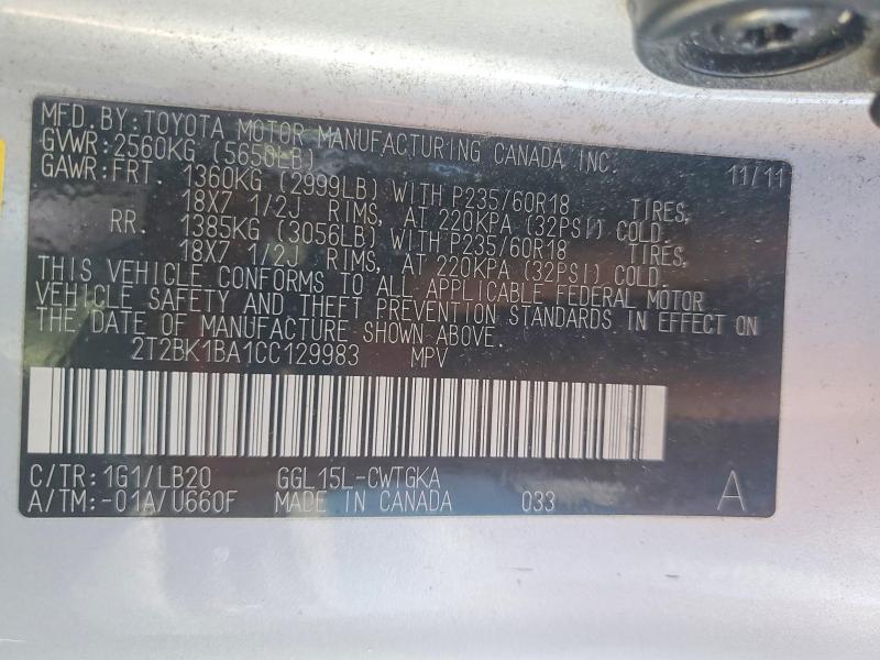 Aukcja sprzedaży 2012 Lexus Rx, vin: 2T2BK1BA1CC129983, numer aukcji: 57359566