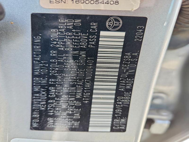 2022 Toyota Camry მანქანა იყიდება აუქციონზე, vin: 4T1G11AK7NU004401, აუქციონის ნომერი: 57905486