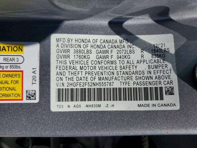 57209306 :رقم المزاد ، 2HGFE2F52NH555787 vin ، 2022 Honda Civic مزاد بيع