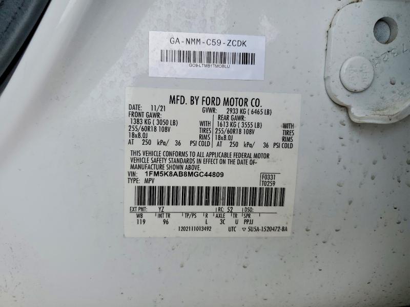 2021 Ford Explorer მანქანა იყიდება აუქციონზე, vin: 1FM5K8AB8MGC44809, აუქციონის ნომერი: 55392106