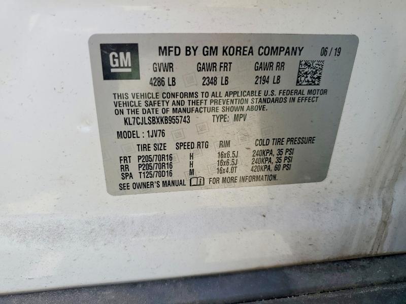 2019 Chevrolet Trax მანქანა იყიდება აუქციონზე, vin: KL7CJLSBXKB955743, აუქციონის ნომერი: 56847526
