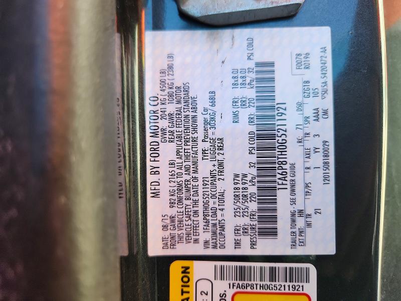 2016 Ford Mustang მანქანა იყიდება აუქციონზე, vin: 1FA6P8TH0G5211921, აუქციონის ნომერი: 57580396