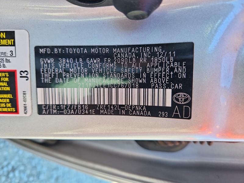 Продаж на аукціоні авто 2012 Toyota Corolla, vin: 2T1BU4EE1CC767018, номер лоту: 54556266