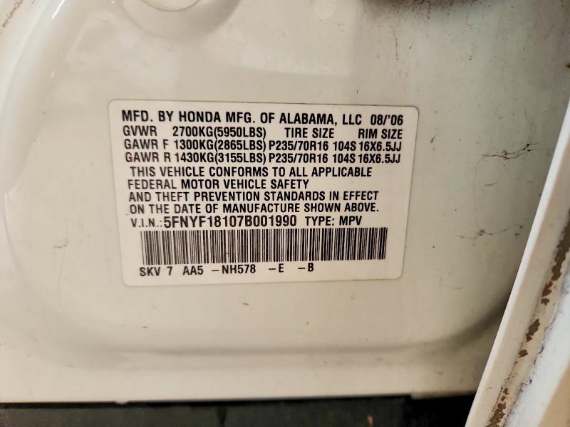 Продажа на аукционе авто 2007 Honda Pilot, vin: 5FNYF18107B001990, номер лота: 56370946