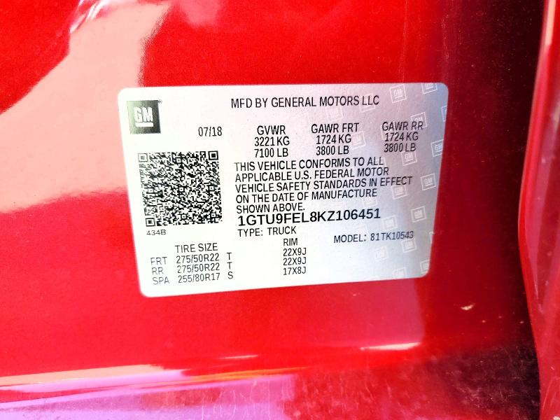 54907506 :رقم المزاد ، 1GTU9FEL8KZ106451 vin ، 2019 Gmc Sierra مزاد بيع