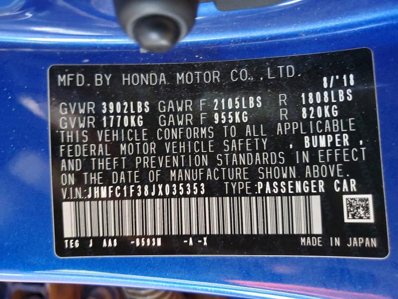 Продаж на аукціоні авто 2018 Honda Civic, vin: JHMFC1F38JX035353, номер лоту: 58784236