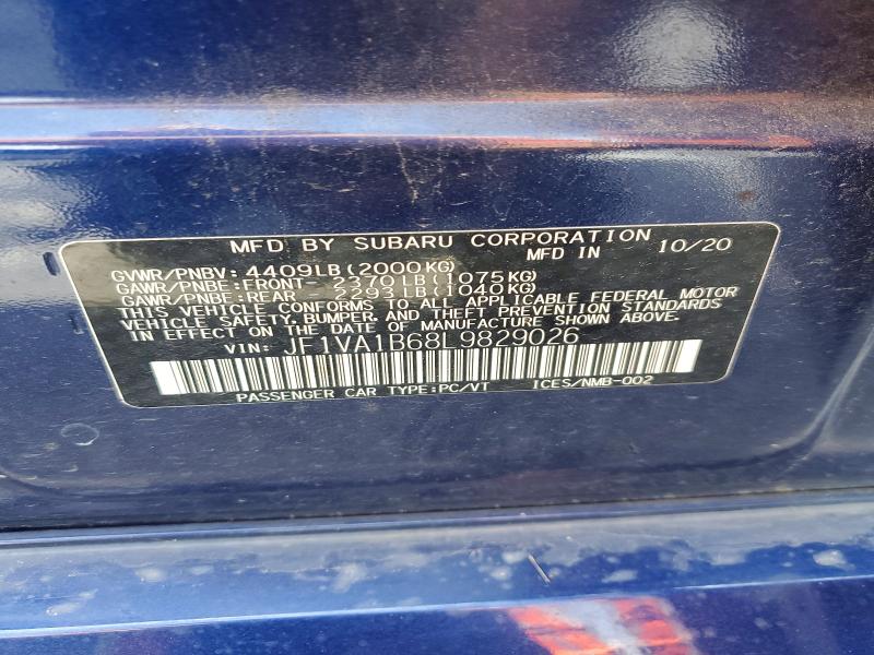 2020 Subaru Wrx მანქანა იყიდება აუქციონზე, vin: JF1VA1B68L9829026, აუქციონის ნომერი: 57607426