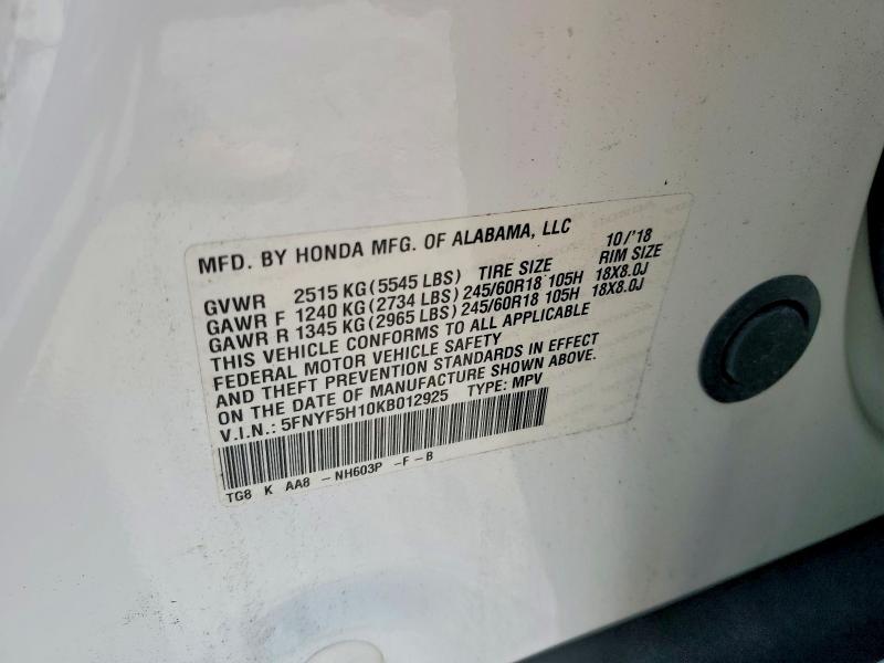 Aukcja sprzedaży 2019 Honda Pilot, vin: 5FNYF5H10KB012925, numer aukcji: 57879006
