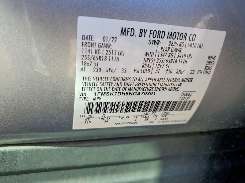 2022 Ford Explorer მანქანა იყიდება აუქციონზე, vin: 1FMSK7DH8NGA79391, აუქციონის ნომერი: 58422716