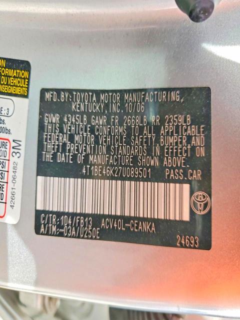 2007 Toyota Camry მანქანა იყიდება აუქციონზე, vin: 4T1BE46K27U089501, აუქციონის ნომერი: 58712826