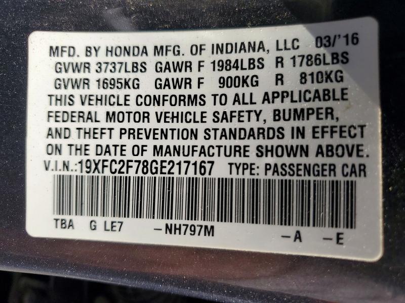 57215616 :رقم المزاد ، 19XFC2F78GE217167 vin ، 2016 Honda Civic مزاد بيع